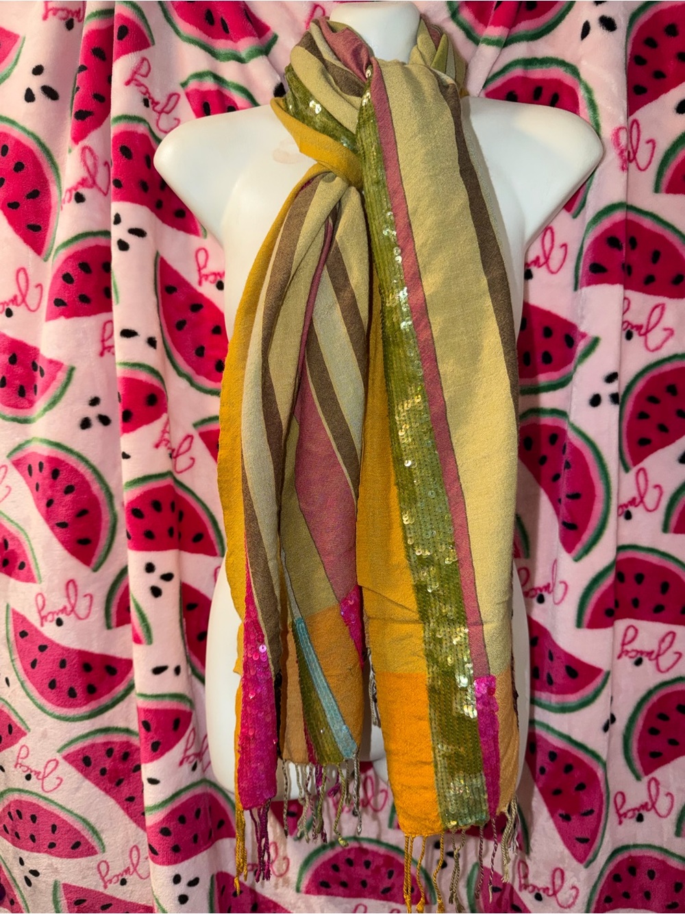 💚🩷 Striped Multicolor Sequin Fringe Scarf
